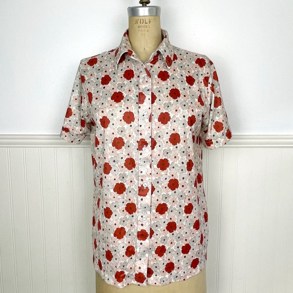 Vintage 1970s Sears rust & brown floral poppy print blouse  - size M/L - Picture 2 of 9
